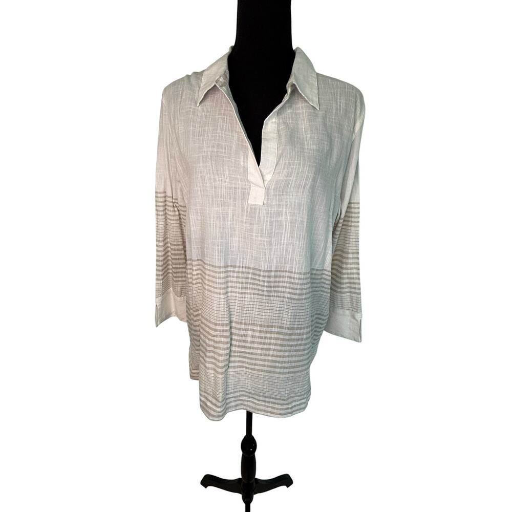 Vineyard Vines White Beige Striped Tunic Blouse Coastal  Linen Blend Classic LG